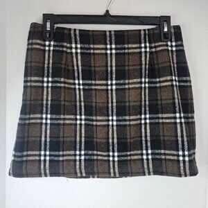 Women Plaid Mini Skirt Brown Black Wool Blend Autumn Size L Side Zip